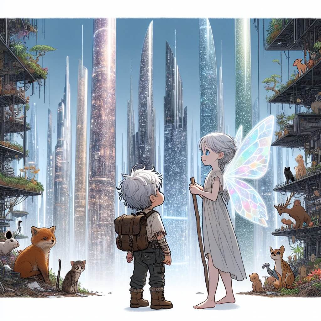 Une illustration destinée aux enfants représentant un jeune enfant minuscule, vêtu de haillons et muni d'un sac à dos, se tenant devant une immense ville futuriste, avec des gratte-ciels en verre scintillant et des jardins suspendus, et à ses côtés, une fée aux cheveux argentés et aux ailes translucides, dans un monde où les animaux parlent et où les inégalités sociales sont flagrantes.