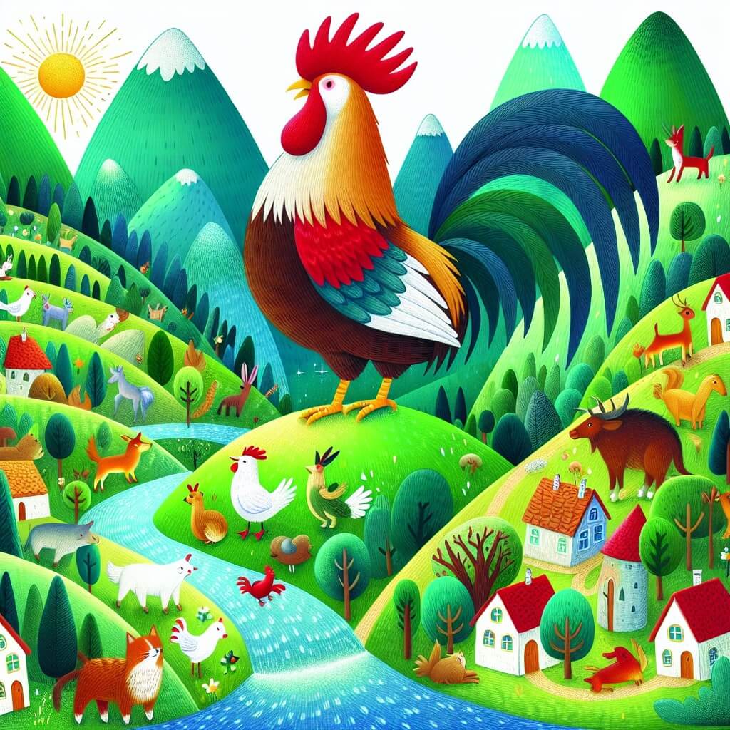 Une illustration destinée aux enfants représentant un magnifique coq courageux, debout au sommet d'une montagne verdoyante, entouré d'animaux émerveillés, dans un village pittoresque où les maisons colorées se nichent entre les collines et les rivières scintillantes.
