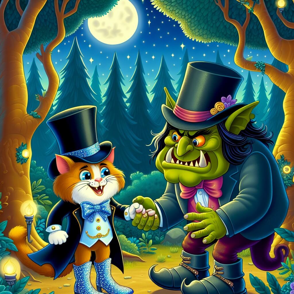 Une illustration destinée aux enfants représentant un chat malicieux, vêtu d'un élégant chapeau haut-de-forme et de bottes étincelantes, en train de négocier avec un ogre terrifiant dans une forêt enchantée aux arbres majestueux illuminés par les lueurs magiques de la lune.