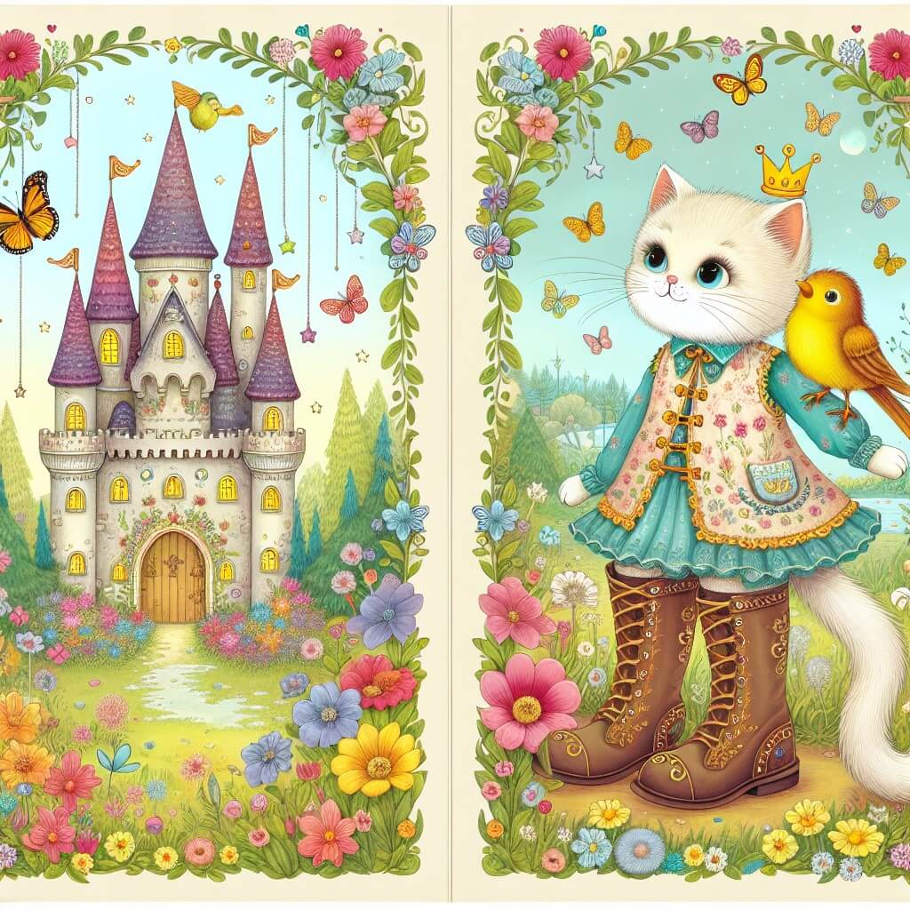 Une illustration destinée aux enfants représentant un chat habillé de bottes élégantes, se tenant devant un château enchanté, avec un petit oiseau perché sur son épaule, dans un jardin luxuriant rempli de fleurs colorées et de papillons virevoltants.