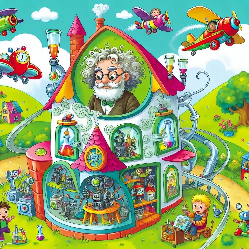 Une illustration destinée aux enfants représentant un inventeur excentrique, entouré de machines volantes et de robots dans un laboratoire coloré, avec un voisin curieux et ses enfants, dans une petite maison en forme de tourbillon, située au sommet d'une colline verdoyante.