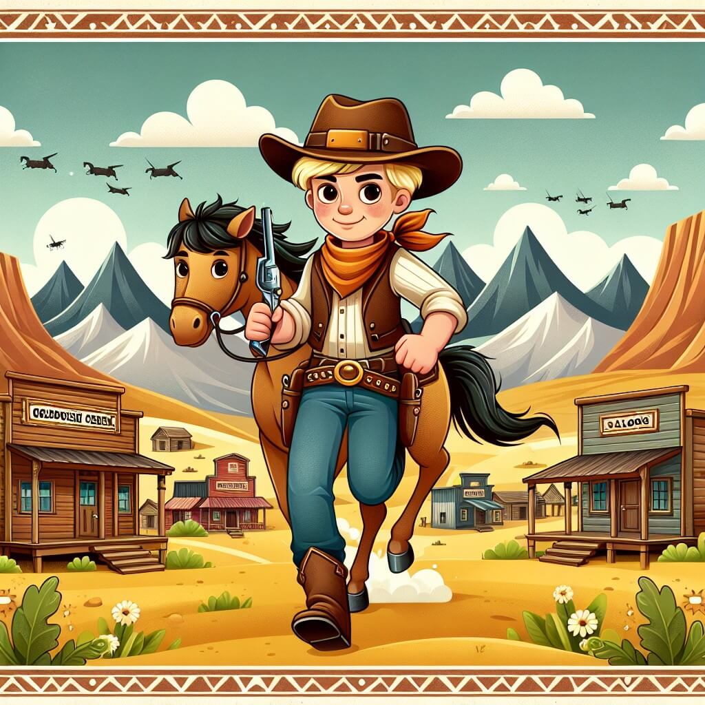 Une illustration destinée aux enfants représentant un jeune cow-boy intrépide, arpentant les vastes plaines du Far West à la recherche de l'or, accompagné de son fidèle cheval, dans la petite ville de Goldrush Creek, avec ses maisons en bois, ses saloons et ses montagnes majestueuses en arrière-plan.