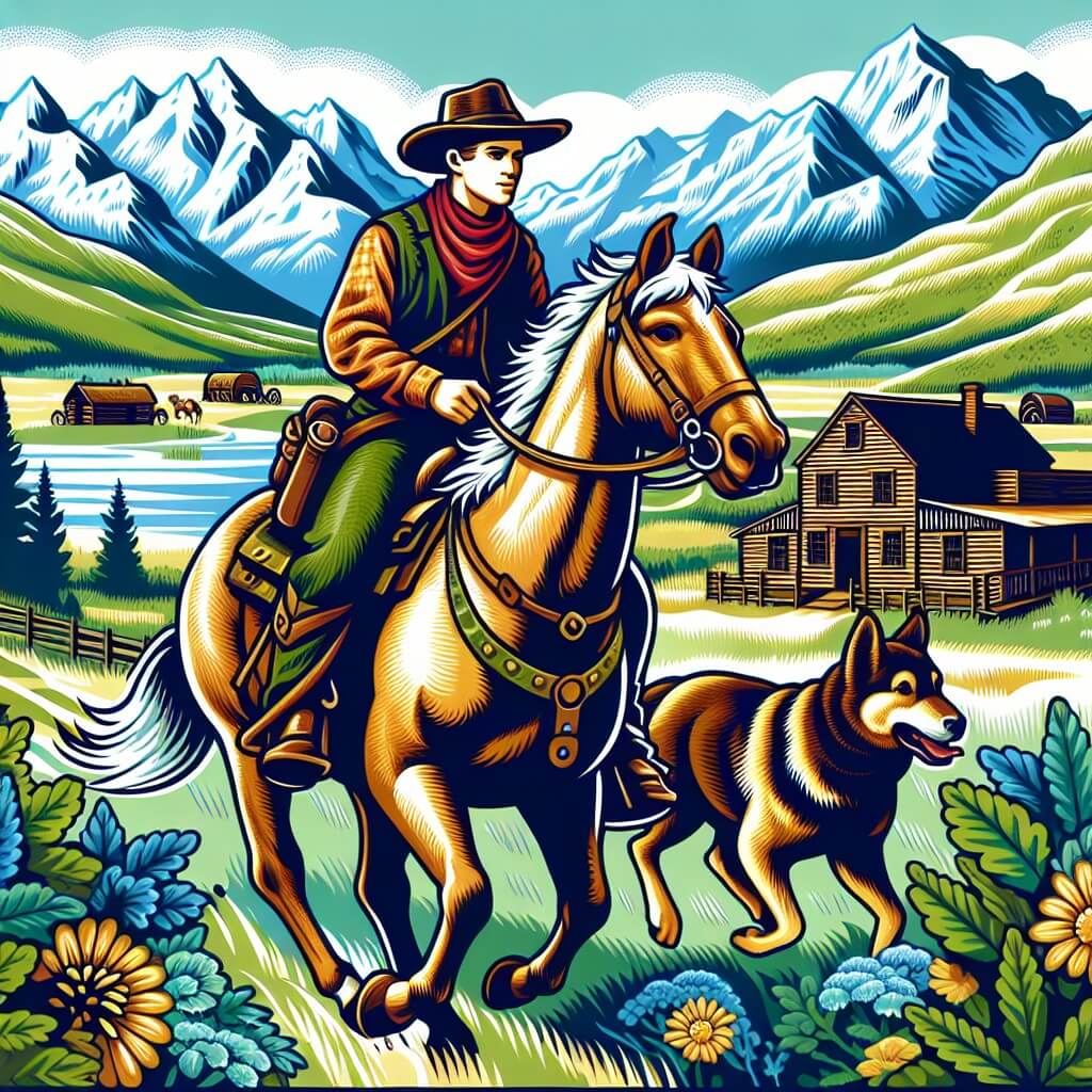 Une illustration destinée aux enfants représentant un jeune cow-boy courageux, chevauchant à travers les vastes plaines de l'Ouest américain, accompagné de son fidèle cheval et de son chien loyal, à la recherche d'aventures et de justice, dans une petite ville de frontière entourée de majestueuses montagnes enneigées et de prairies luxuriantes.