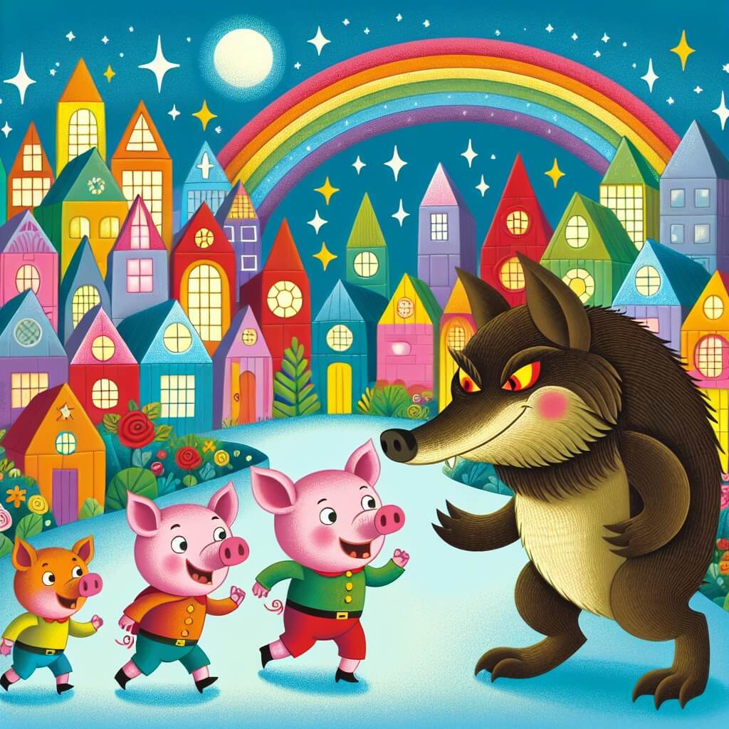 Une illustration destinée aux enfants représentant un petit cochon intrépide, entouré de ses deux frères, affrontant un loup maléfique, dans un village coloré et animé, avec des maisons en forme de cubes futuristes et des arcs-en-ciel scintillants dans le ciel, dans la ville futuriste de Futuropolis.