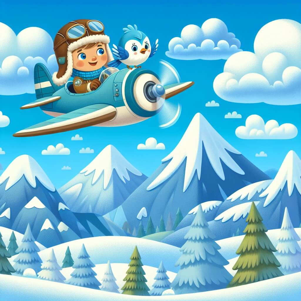 Une illustration destinée aux enfants représentant un jeune pilote intrépide, accompagné d'un oiseau amical, survolant les montagnes enneigées et les nuages moelleux dans le ciel bleu azur d'un paysage hivernal enchanteur.