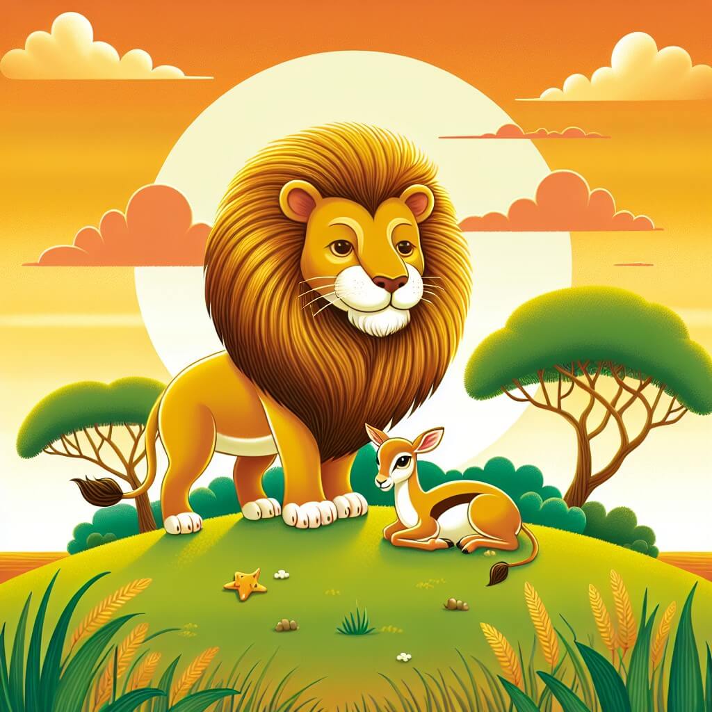 Une illustration destinée aux enfants représentant un majestueux lion au pelage doré, se tenant fièrement au sommet d'une colline verdoyante de la savane africaine, avec en toile de fond un ciel orangé illuminé par le coucher de soleil, et à ses côtés, une petite gazelle blessée cherchant refuge.