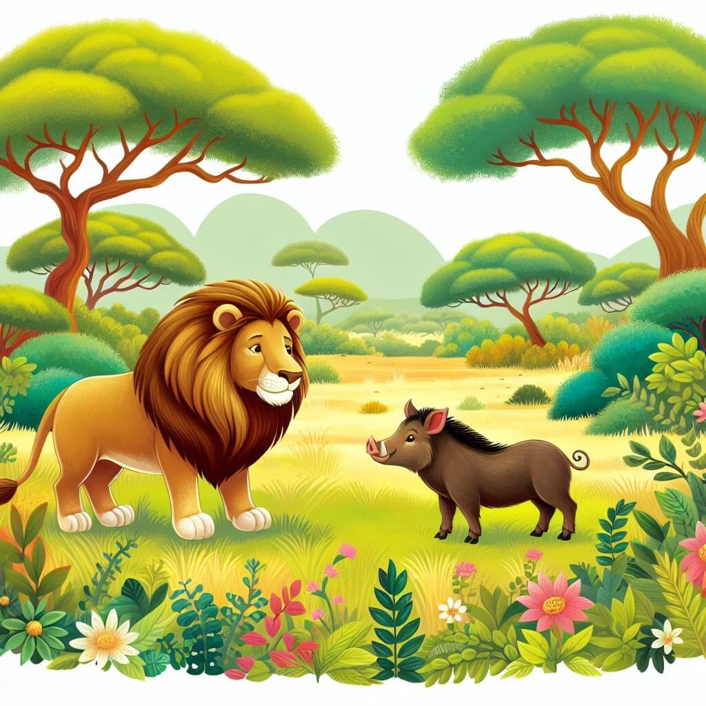 Une illustration destinée aux enfants représentant un majestueux lion, roi de la savane, faisant la rencontre d'un timide petit cinghiale dans un paysage luxuriant de la savane africaine, avec des arbres touffus, de l'herbe verte et des fleurs colorées.