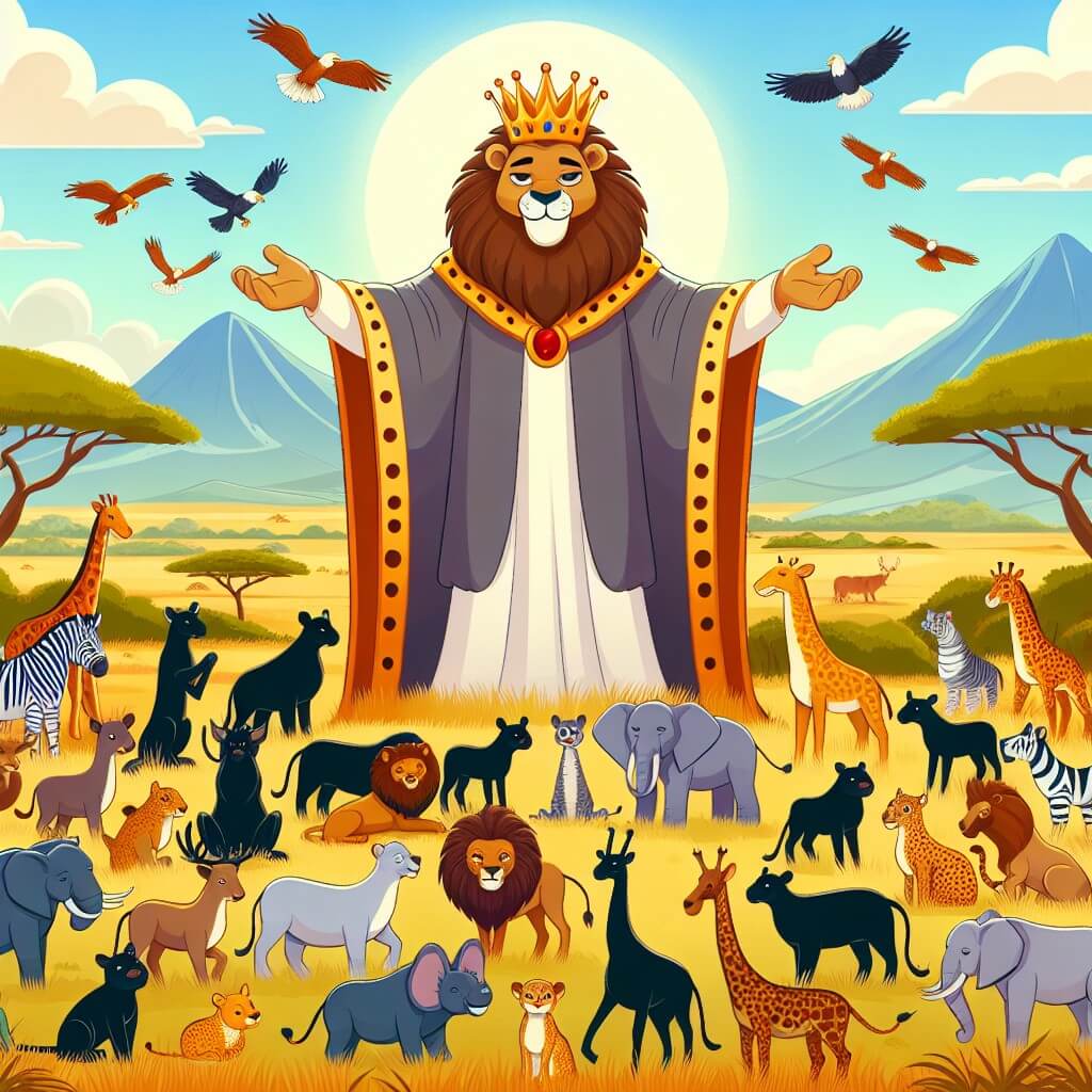 Une illustration destinée aux enfants représentant un majestueux roi de la savane, entouré d'animaux, dans une vaste savane africaine, où règne la générosité et l'acceptation de la différence.