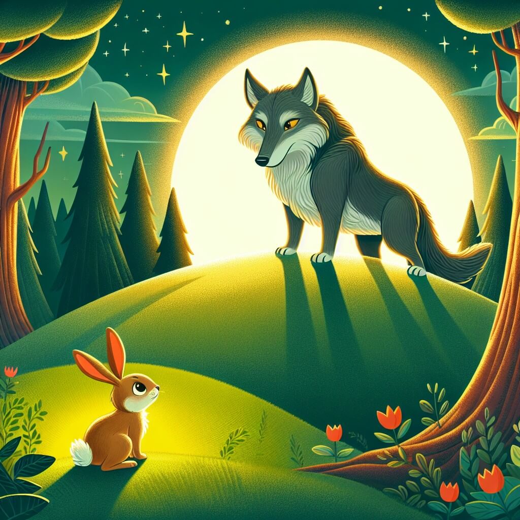 Une illustration destinée aux enfants représentant un fier loup solitaire, se tenant au sommet d'une colline verdoyante, observant avec curiosité un petit lapin courageux qui émerge de sa cachette, tandis que la lueur chaleureuse du soleil illumine le magnifique et mystérieux bois enchanté qui les entoure.
