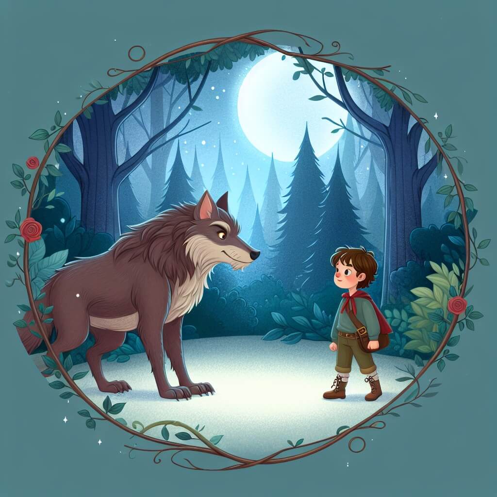 Une illustration destinée aux enfants représentant un loup-garou solitaire, dans une forêt enchantée, rencontrant un jeune garçon curieux et courageux qui devient son ami et l'accompagne dans une aventure magique pour découvrir et maîtriser ses pouvoirs extraordinaires.