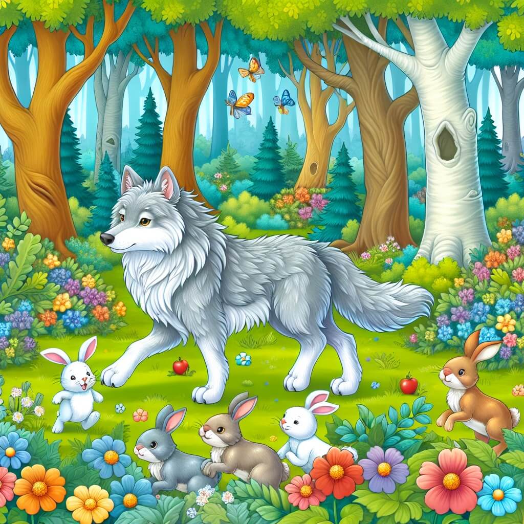Une illustration destinée aux enfants représentant un loup au pelage argenté, se promenant avec un air paisible dans une forêt enchantée, accompagné d'une famille de lapins, parmi les arbres majestueux et les fleurs colorées.