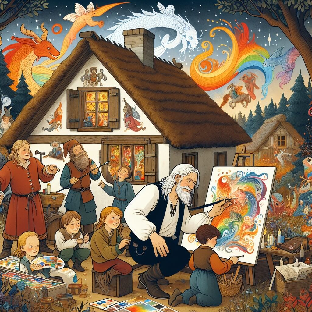 Une illustration destinée aux enfants représentant un homme talentueux et passionné, créant des œuvres d'art magiques, entouré d'enfants curieux, dans une petite maison chaleureuse au cœur d'un bois enchanté, où les couleurs dansent sur la toile.