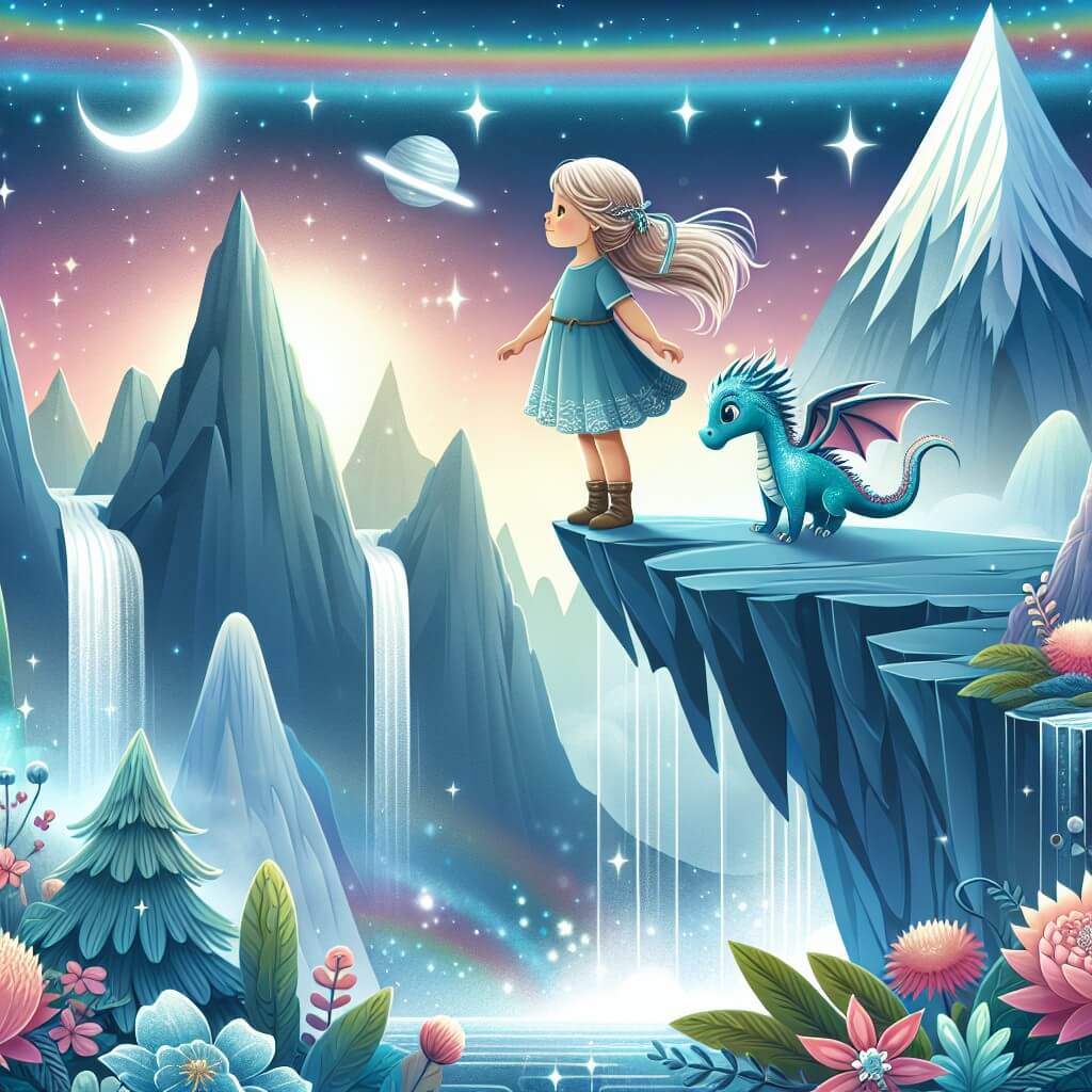 Une illustration destinée aux enfants représentant une jeune fille intrépide se tenant au bord d'une falaise escarpée, accompagnée d'un petit dragon scintillant, dans un monde fantastique rempli de cascades étincelantes, de fleurs lumineuses et de montagnes majestueuses.