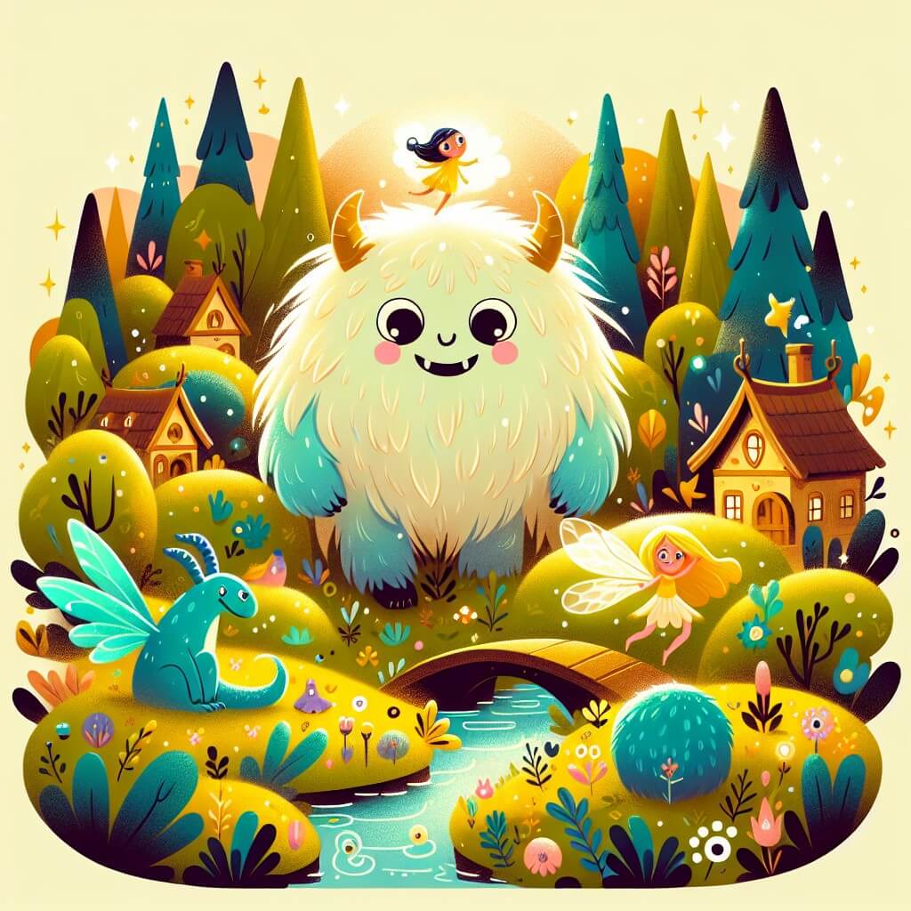 Une illustration destinée aux enfants représentant un monstre doux et pelucheux, qui vit dans un village caché au cœur d'une forêt enchantée, entouré de créatures magiques et d'une fée aux cheveux dorés et aux ailes scintillantes.