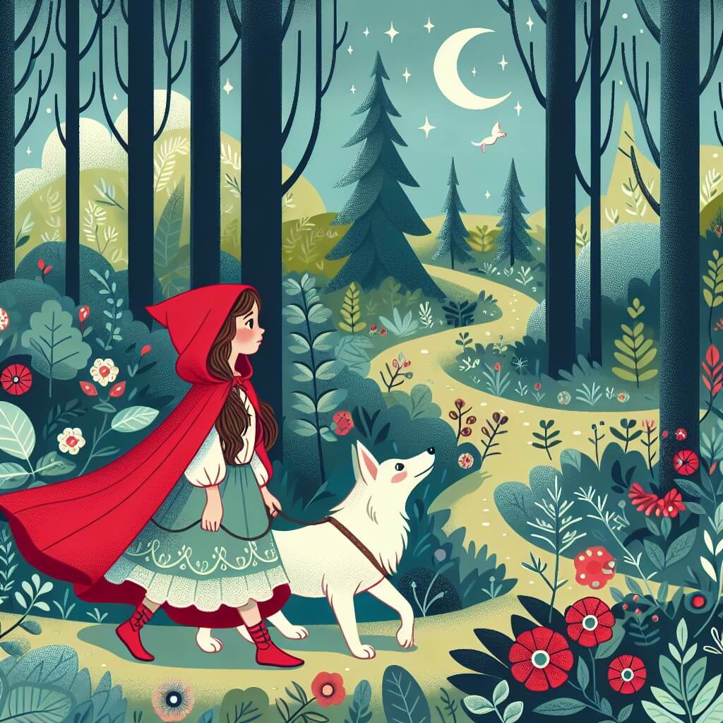 Une illustration destinée aux enfants représentant une jeune fille au manteau rouge, se promenant dans un mystérieux et enchanteur boisé, accompagnée de son fidèle chien, à la recherche de réponses à la tristesse qui a envahi le magnifique paysage.