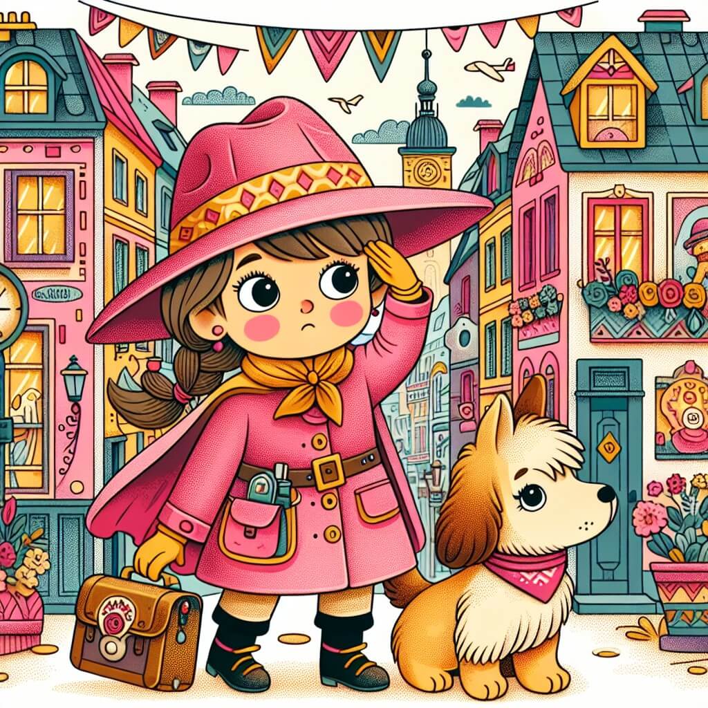Une illustration destinée aux enfants représentant une petite détective, vêtue d'une cape rose et d'un chapeau à larges bords, enquêtant avec son fidèle chien Max dans une charmante ville colorée, à la recherche de son précieux jouet en peluche disparu.