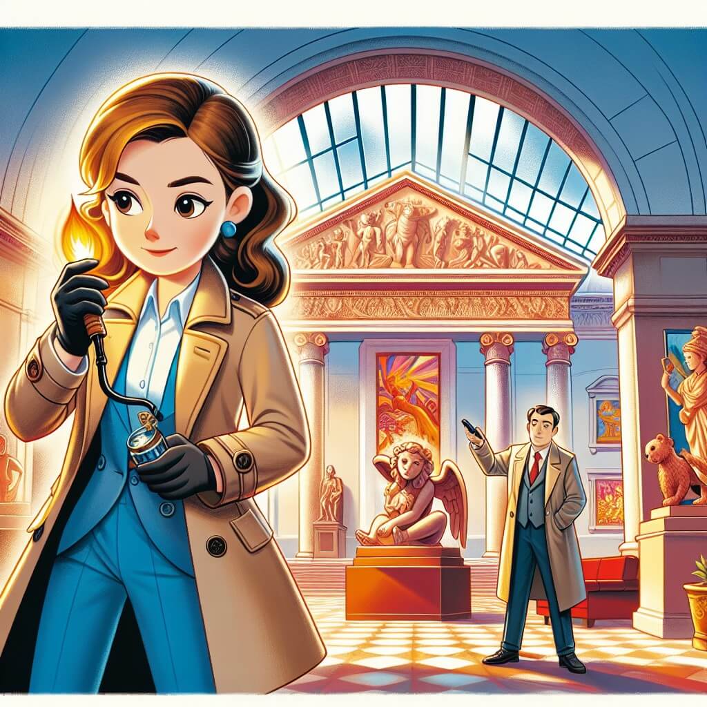 Une illustration destinée aux enfants représentant une femme détective courageuse et intelligente, résolvant un mystérieux vol au sein d'un musée prestigieux, accompagnée d'un directeur bienveillant, dans un musée illuminé par le soleil, avec des sculptures majestueuses et des peintures colorées.