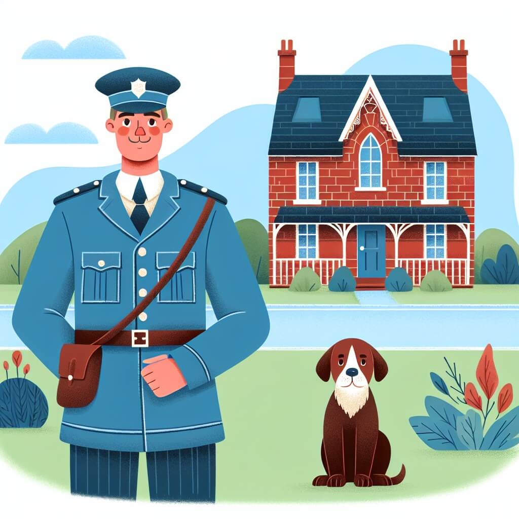 Une illustration destinée aux enfants représentant un courageux policier vêtu d'une élégante tenue bleue, se tenant devant une charmante maison en briques rouges, accompagné d'un adorable chiot, dans la paisible ville de Favoletti.