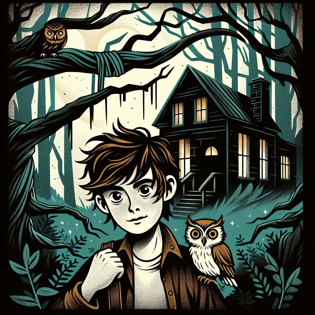 Une illustration destinée aux enfants représentant un jeune garçon intrépide, les cheveux ébouriffés, se tenant devant une vieille maison abandonnée, avec une chouette perchée sur son épaule, dans une forêt sombre et mystérieuse où les arbres semblent se pencher vers lui avec des branches tordues et des yeux luisants qui brillent dans l'obscurité.