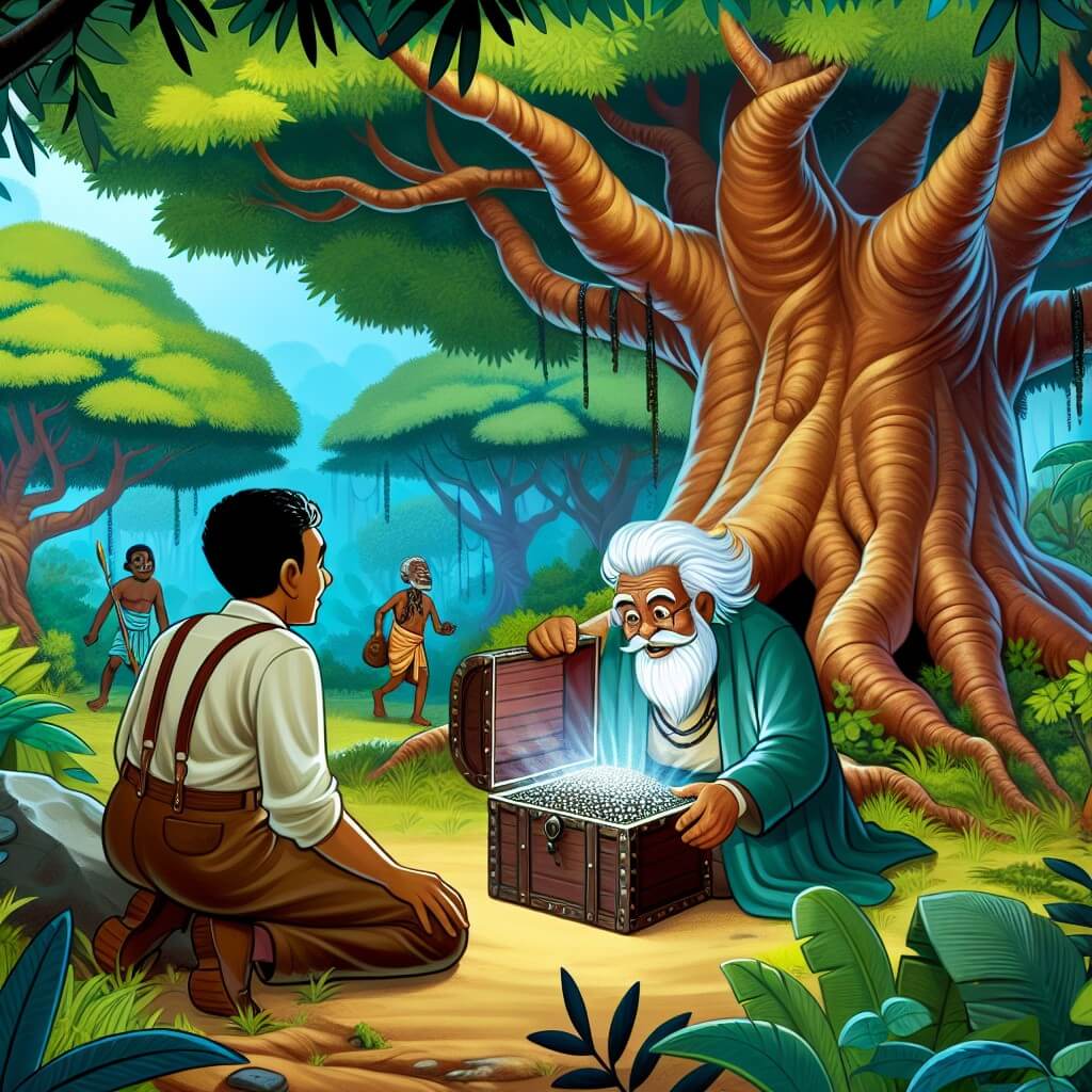 Une illustration destinée aux enfants représentant un homme courageux et curieux, découvrant un mystérieux trésor au cœur d'une luxuriante forêt africaine, accompagné d'un sage aux cheveux blancs, assis sous un majestueux arbre centenaire.