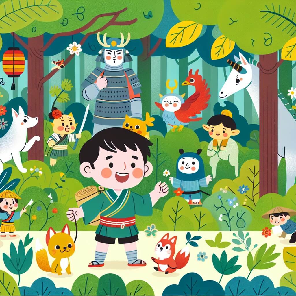 Une illustration destinée aux enfants représentant un homme curieux et courageux se trouvant dans une forêt luxuriante du Japon, accompagné de créatures magiques et d'animaux parlants, tissant des liens d'amitié et vivant des aventures merveilleuses.