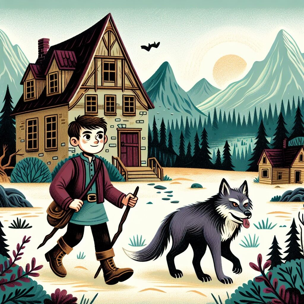 Une illustration destinée aux enfants représentant un jeune garçon courageux qui explore une sinistre maison abandonnée, accompagné d'un étrange loup mannaro, dans un village entouré de sombres forêts et de montagnes majestueuses.