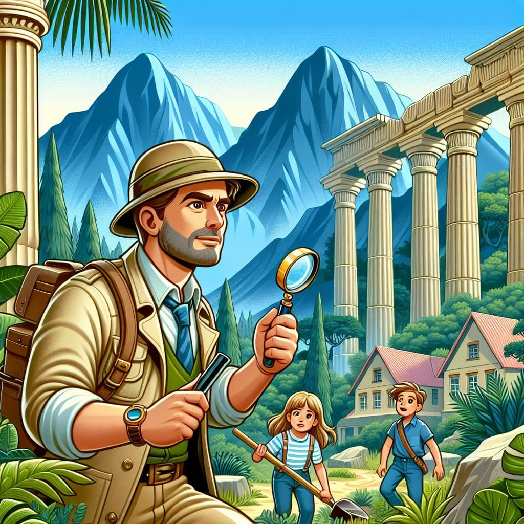 Une illustration destinée aux enfants représentant un homme intrépide, vêtu d'un chapeau de safari et muni d'une pelle et d'une loupe, qui explore d'anciennes ruines mystérieuses aux colonnes imposantes, entourées d'une dense jungle luxuriante, en compagnie d'un petit garçon et d'une petite fille curieux, dans un village pittoresque niché au cœur de montagnes majestueuses.