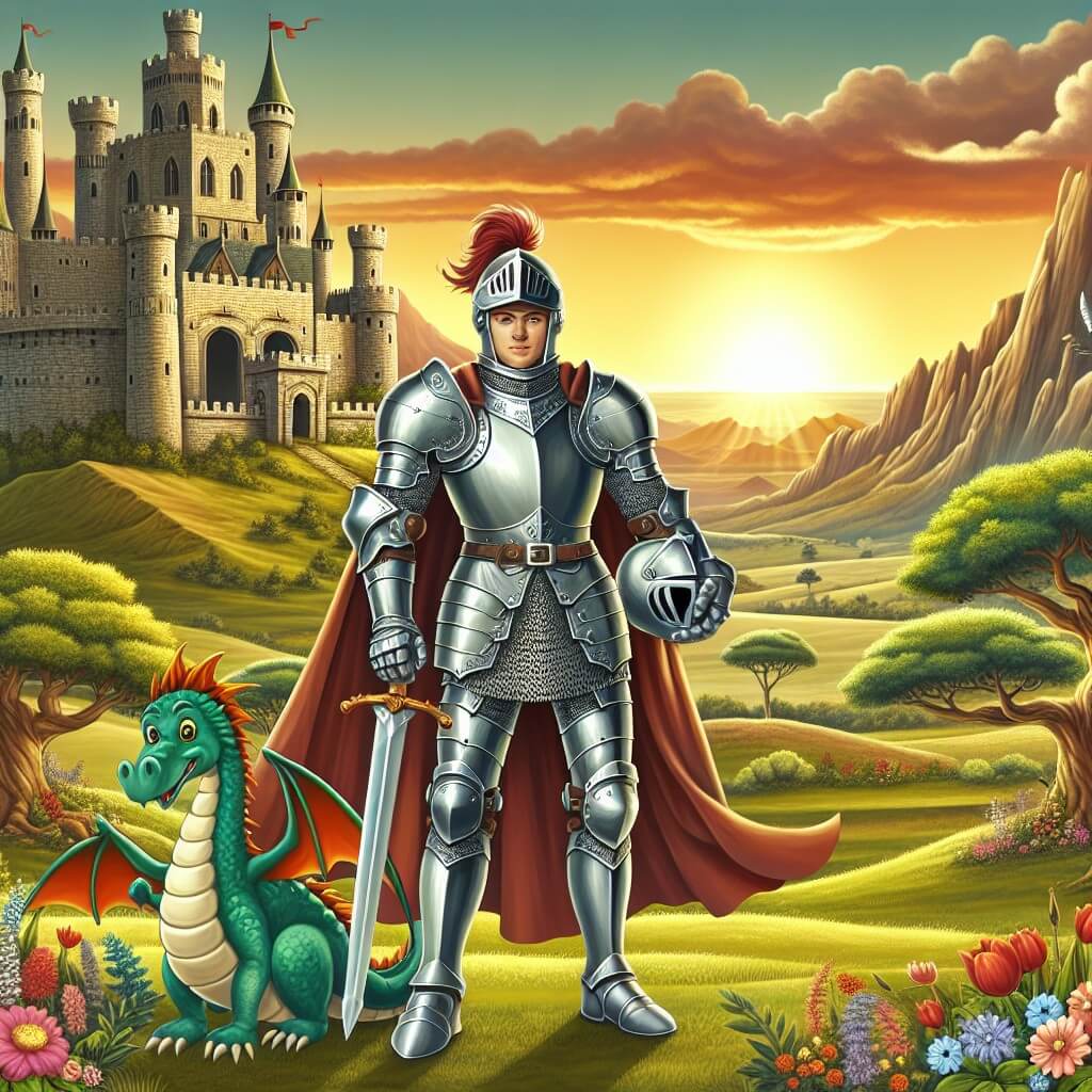 Une illustration destinée aux enfants représentant un courageux chevalier en armure étincelante, se tenant devant un imposant château en pierre, accompagné d'un dragon amical, dans un paysage vallonné parsemé de fleurs colorées et de majestueux arbres centenaires, baigné par la lumière dorée du soleil couchant.