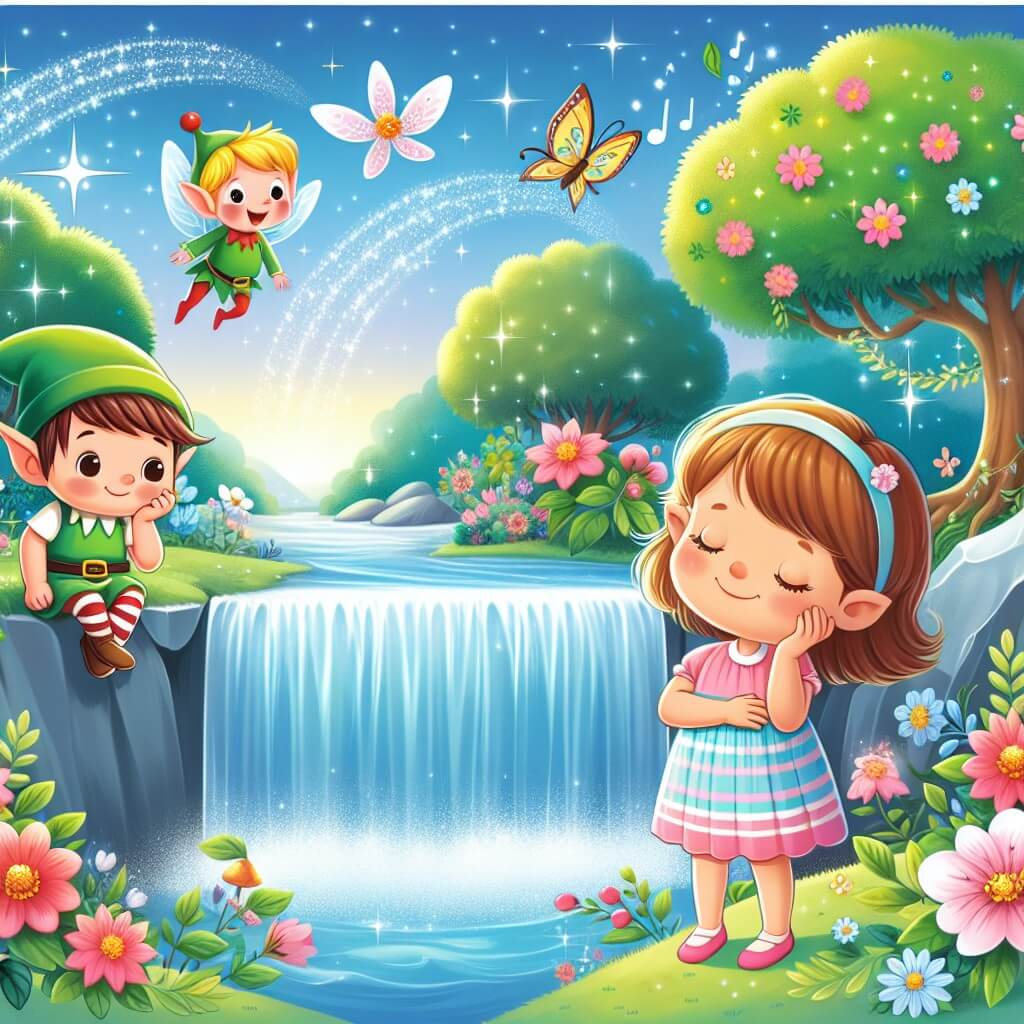 Une illustration destinée aux enfants représentant une jeune fille rêveuse, se tenant au bord d'une cascade scintillante, accompagnée d'un adorable elfe, dans un monde enchanté rempli de fleurs colorées et d'arbres qui murmurent des mélodies magiques.