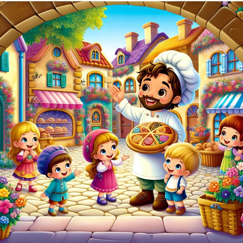 Une illustration destinée aux enfants représentant un homme chaleureux et souriant, un boulanger de talent, accompagné d'un groupe de joyeux enfants curieux, dans le charmant village de Fiorilandia, entouré de maisons colorées et de rues pavées fleuries.