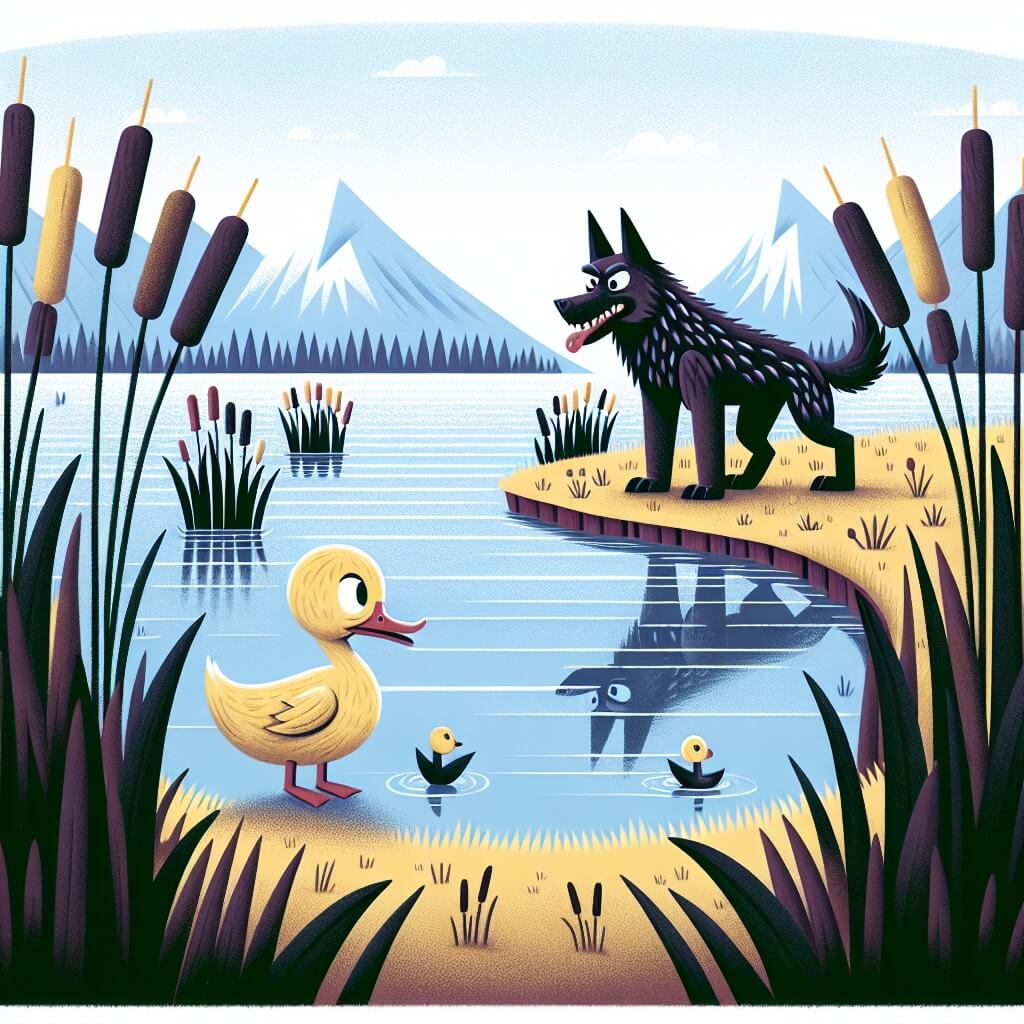 Une illustration destinée aux enfants représentant un canard courageux, différent des autres, qui se retrouve seul face à un chien menaçant dans un magnifique lac entouré de cannes.