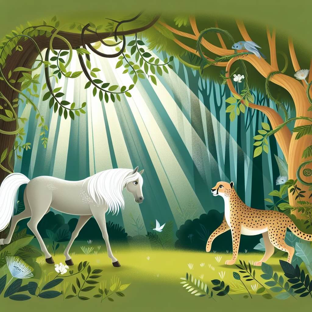 Une illustration destinée aux enfants représentant un élégant cheval curieux, explorant un mystérieux bosquet enchanté, accompagné d'un sage guépard, dans une forêt luxuriante où les rayons du soleil se filtrent à travers les branches et les feuilles verdoyantes.