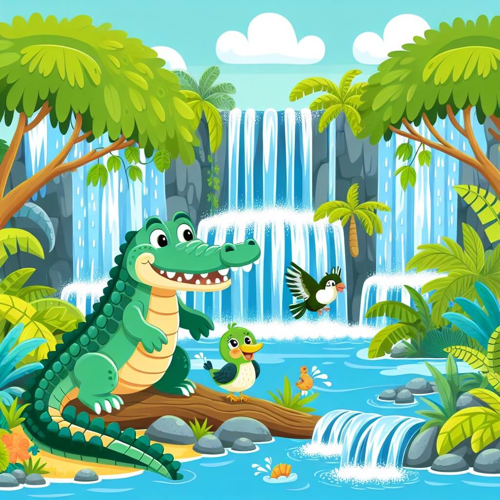 Une illustration destinée aux enfants représentant un crocodile gentil et amical, faisant équipe avec un petit oiseau, dans une luxuriante jungle tropicale où les cascades scintillent et les animaux jouent joyeusement.