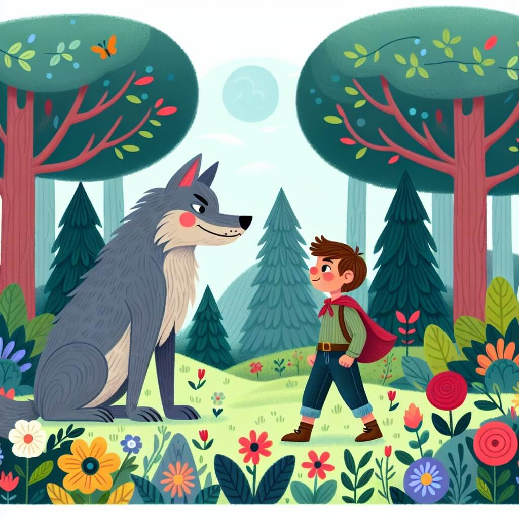Une illustration destinée aux enfants représentant un jeune garçon courageux se tenant debout face à un grand méchant loup, dans une forêt enchantée aux arbres majestueux et aux fleurs multicolores.
