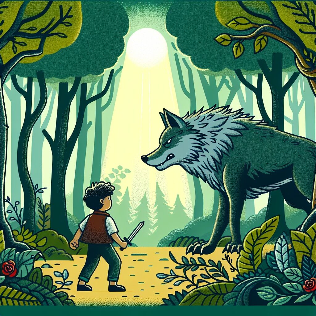 Une illustration destinée aux enfants représentant un jeune garçon courageux, affrontant un grand méchant loup dans une forêt dense et mystérieuse, avec des arbres majestueux et des rayons de soleil filtrant à travers les feuilles.