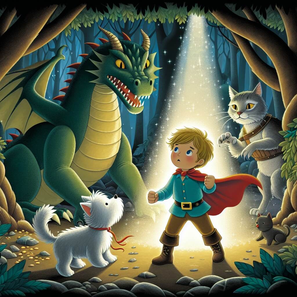 Une illustration destinée aux enfants représentant un jeune garçon au cœur vaillant, se trouvant face à un terrible dragon, avec l'aide d'un chat rusé et d'un chien loyal, dans une grotte sombre et mystérieuse illuminée par un trésor scintillant, située au cœur d'un dense et enchanteur boisé.