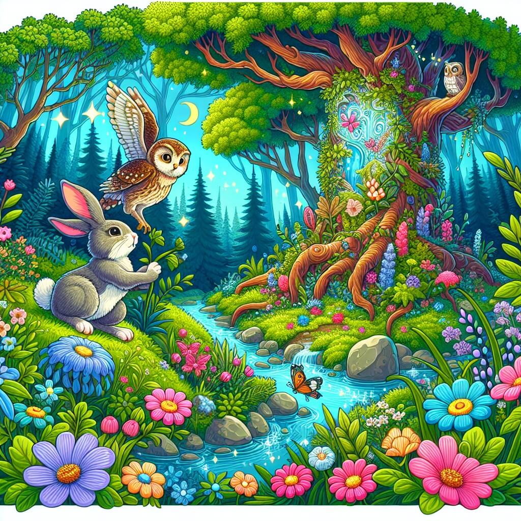 Une illustration destinée aux enfants représentant un lapin curieux et espiègle, entouré de merveilleuses fleurs colorées, découvrant un mystérieux arbre enchanté avec l'aide d'un sage hibou, dans une forêt luxuriante remplie d'arbres majestueux et de ruisseaux scintillants.