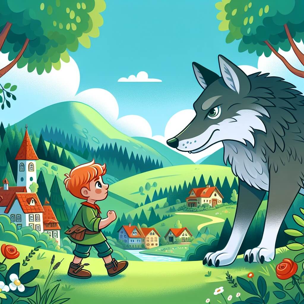 Une illustration destinée aux enfants représentant un jeune garçon courageux affrontant un grand méchant loup dans un magnifique village entouré de collines verdoyantes et de paisibles pâturages.