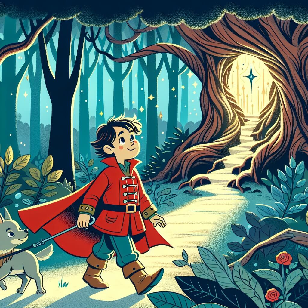 Une illustration destinée aux enfants représentant un jeune héros malicieux, vêtu d'un manteau rouge, naviguant dans une forêt enchantée aux arbres gigantesques, accompagné d'un compagnon animal, dans la quête d'une mystérieuse grotte illuminée par une lueur magique.