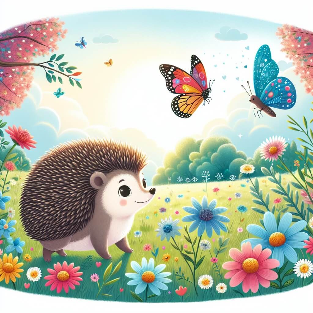 Une illustration destinée aux enfants représentant un hérisson curieux et intrépide, se trouvant dans une magnifique forêt fleurie, accompagné d'une farfalla aux ailes colorées, dans un lieu enchanté rempli de fleurs sauvages aux couleurs vives et d'un pré moelleux comme une nuage.