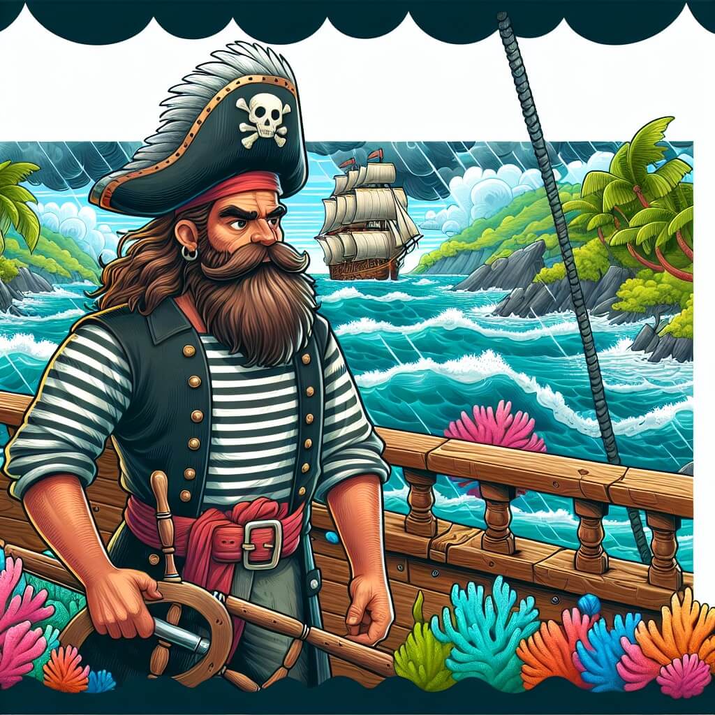Une illustration destinée aux enfants représentant un homme courageux et barbu, vêtu d'une chemise rayée et coiffé d'un chapeau en forme de tricorne, se tenant debout sur le pont d'un vieux navire en bois, naviguant sur une mer agitée parsemée d'îles tropicales luxuriantes et entourées de récifs coralliens colorés.