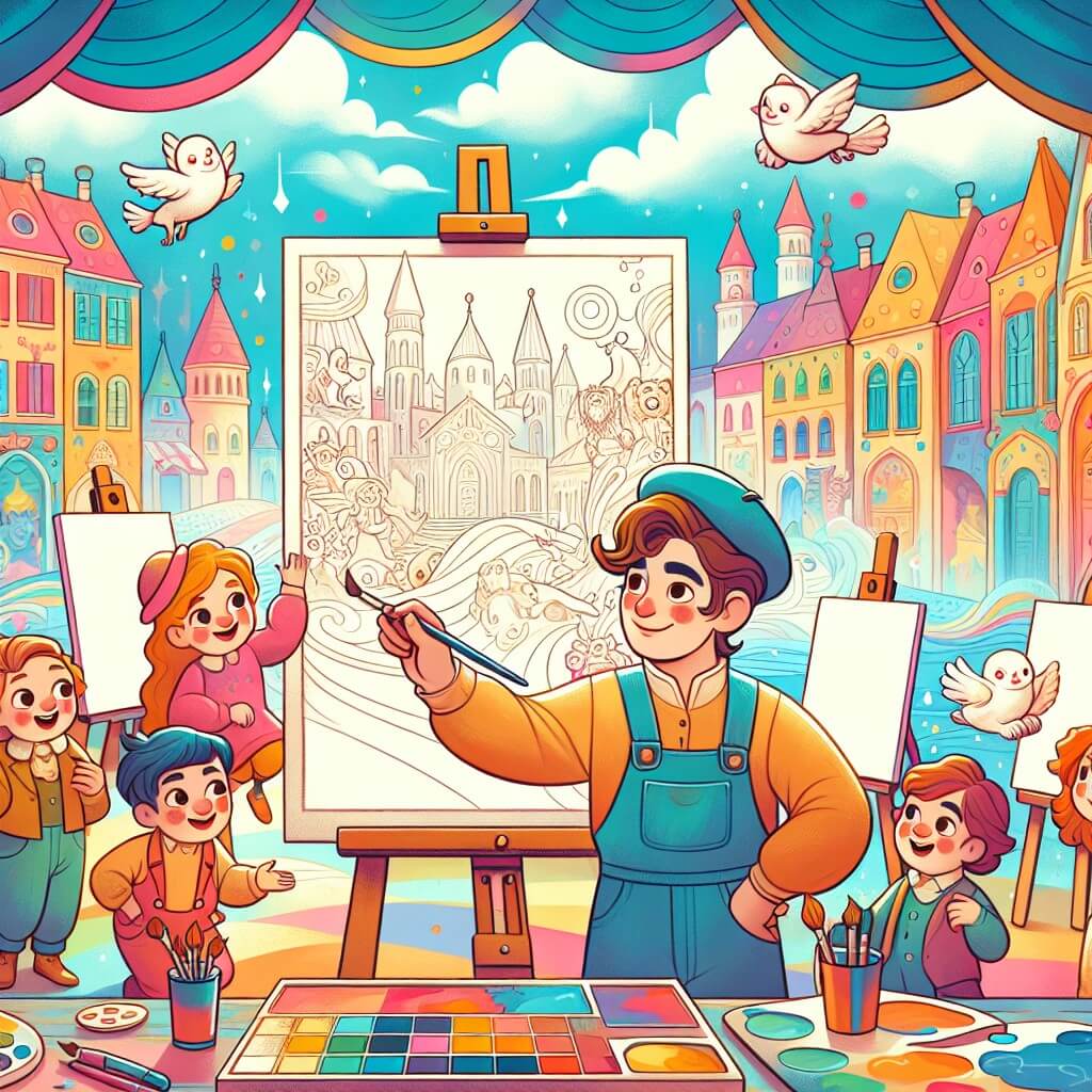 Une illustration destinée aux enfants représentant un peintre talentueux, entouré de couleurs éclatantes, découvrant un monde magique avec l'aide de jeunes amis curieux, dans un atelier rempli de toiles blanches prêtes à être transformées en œuvres d'art, situé dans la charmante ville de Villacolorita.