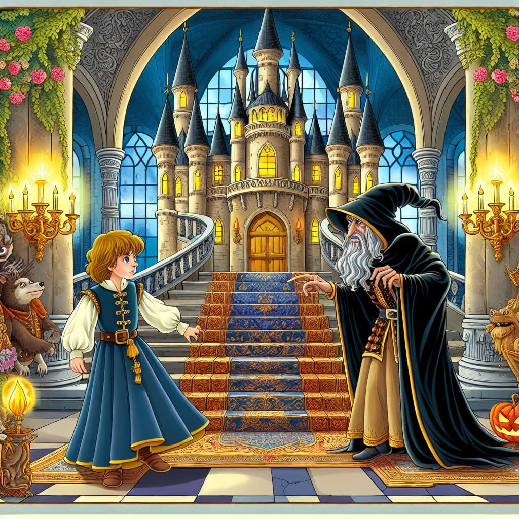Une illustration destinée aux enfants représentant un jeune prince courageux se trouvant dans un somptueux château enchanté, où il rencontre une belle princesse emprisonnée par un stregone maléfique.