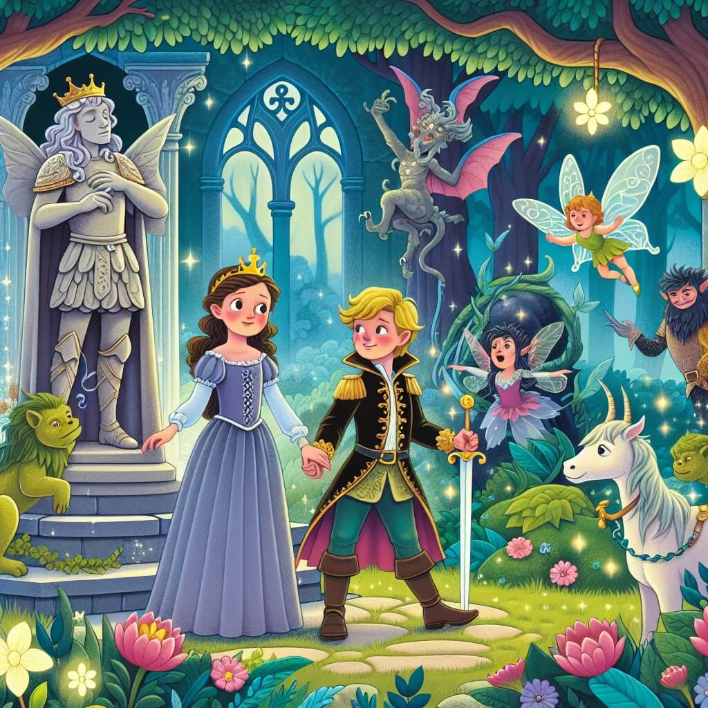 Une illustration destinée aux enfants représentant un jeune prince courageux, transformé en statue de pierre par une fée maléfique, qui doit être sauvé par une princesse déterminée dans un royaume enchanté rempli de magie, de créatures fantastiques et d'une forêt incantée aux arbres majestueux et aux fleurs lumineuses.