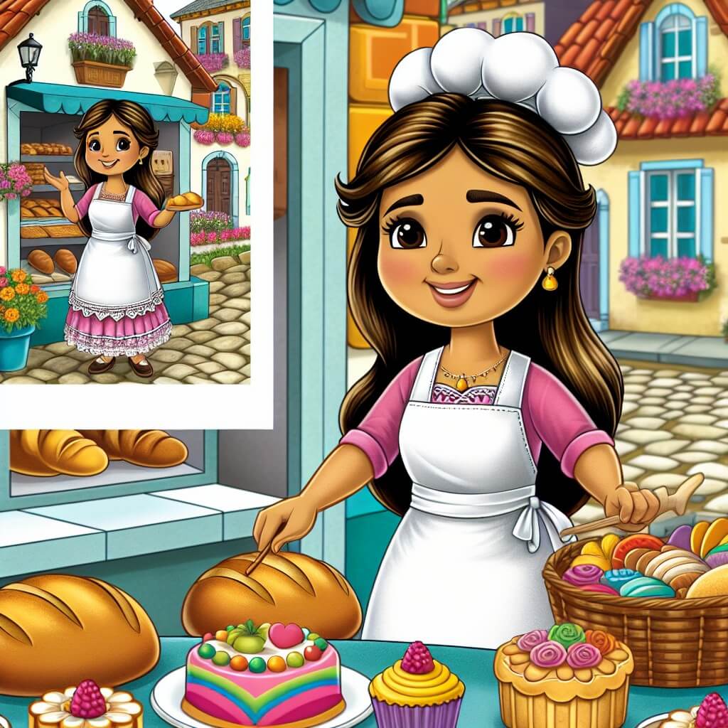 Une illustration destinée aux enfants représentant une panettière souriante, vêtue d'un grembiule blanc immaculé, préparant des pains dorés et des gâteaux colorés dans sa boulangerie chaleureuse, située au cœur d'une petite ville avec des maisons aux toits rouges et des rues pavées bordées de jolies fleurs.