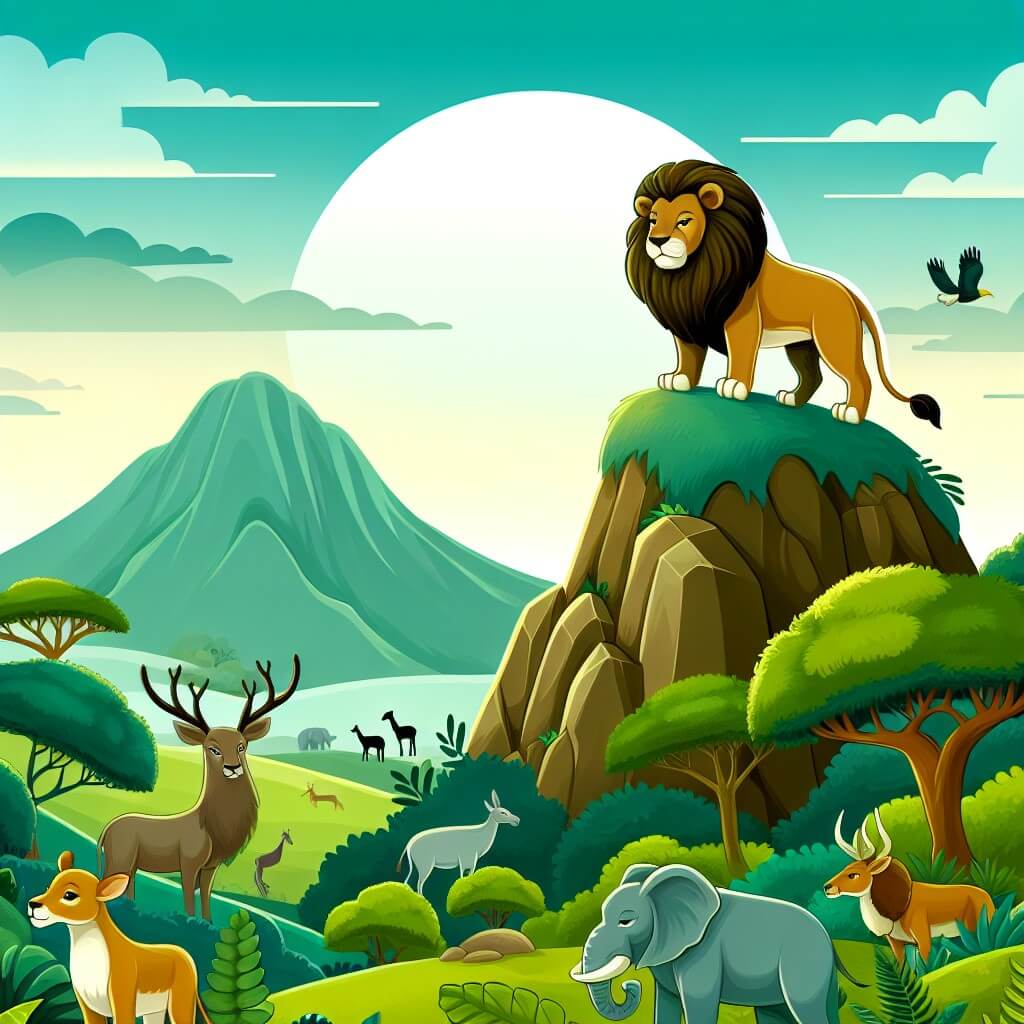 Une illustration destinée aux enfants représentant un majestueux lion solitaire, se tenant sur un rocher au sommet d'une colline verdoyante, avec en toile de fond un vaste et paisible royaume animal.