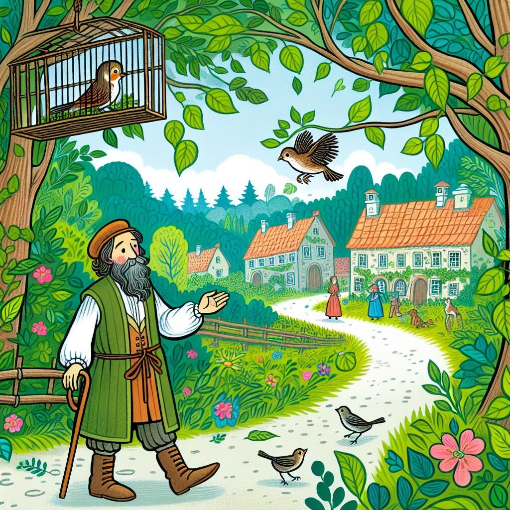Une illustration destinée aux enfants représentant un homme bienveillant, se promenant dans un village entouré d'un magnifique bosquet verdoyant, où il découvre un petit oiseau captif entre les branches, qui deviendra son fidèle compagnon.