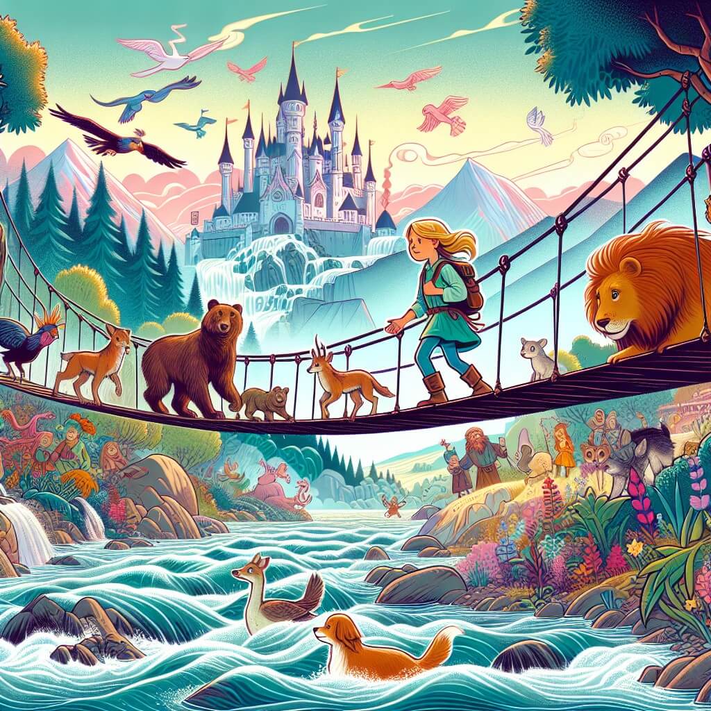 Une illustration destinée aux enfants représentant une jeune fille intrépide, accompagnée de ses fidèles amis animaux, découvrant un regno incantato rempli de couleurs vives, de créatures magiques et d'un majestueux château, après avoir traversé un pont sospeso au-dessus d'un fiume tumultuoso.