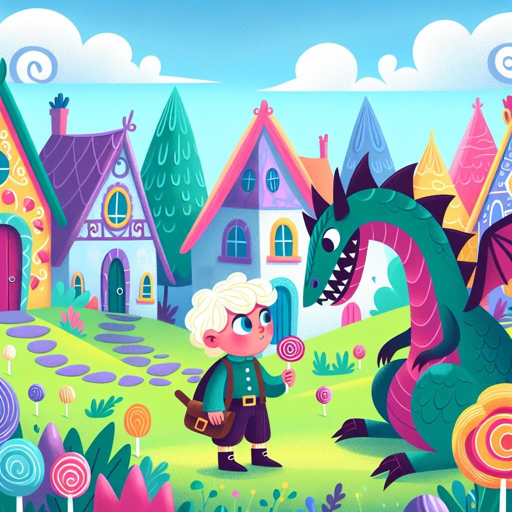 Une illustration destinée aux enfants représentant un jeune garçon intrépide, se retrouvant nez à nez avec un dragon farfelu, dans un village enchanté aux maisons en forme de bonbons et aux arbres aux feuilles en barbe à papa.