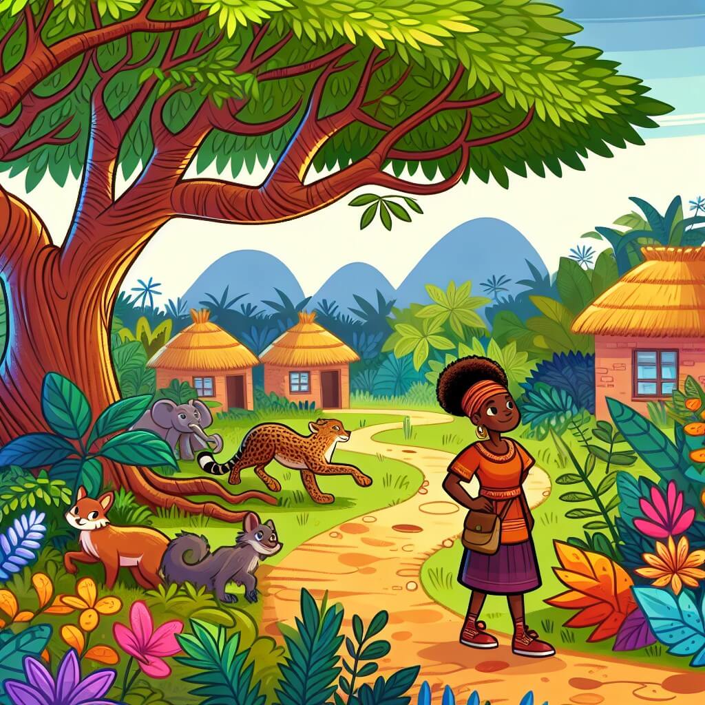 Une illustration destinée aux enfants représentant une femme courageuse et passionnée de nature, découvrant un sentier mystérieux dans un village africain, accompagnée d'un arbre majestueux aux feuilles colorées, dans un bosquet luxuriant où les animaux sauvages se cachent parmi les fleurs tropicales.